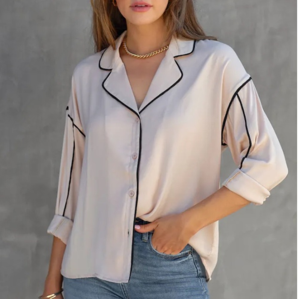 NWT Satin Collared Button Up Blouse, dusty pink/beige with black piping